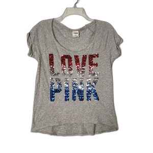 PINK Victorias Secret Love Pink Patriotic Sequin Gray T Shirt Womens Size Small